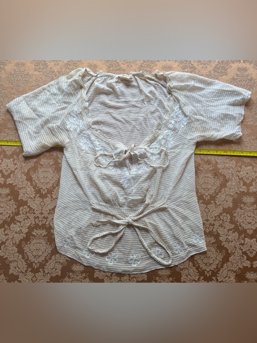 Light Ivory Sheer Tie-Front Boho Blouse- Converse - striping & floral embroidery